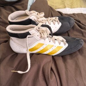 Adidas Black and White Wrestling Shoes with Gold Stripes